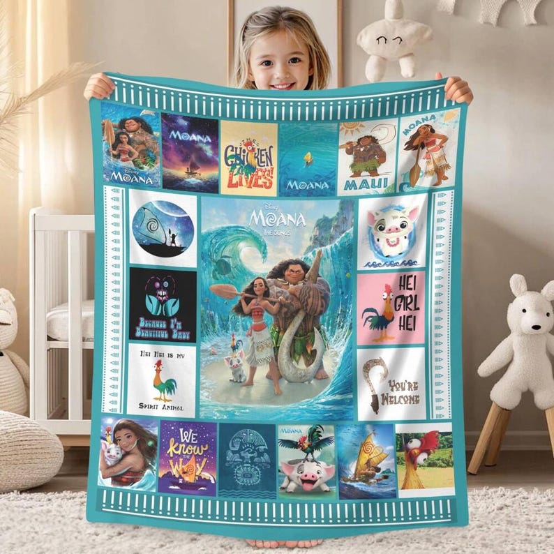 Moana Fleece Blanket, Moana Cartoon Hei Hei Chicken Pua Pig Disneyland Fleece Blanket, Moana Princess Magic Kingdom Throw Blanket Couch Sofa image 2