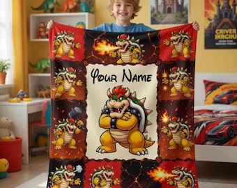 Custom Bowser Fleece Blanket, Custom Name Mario Blanket, Mario Birthday Gift Fleece Blanket