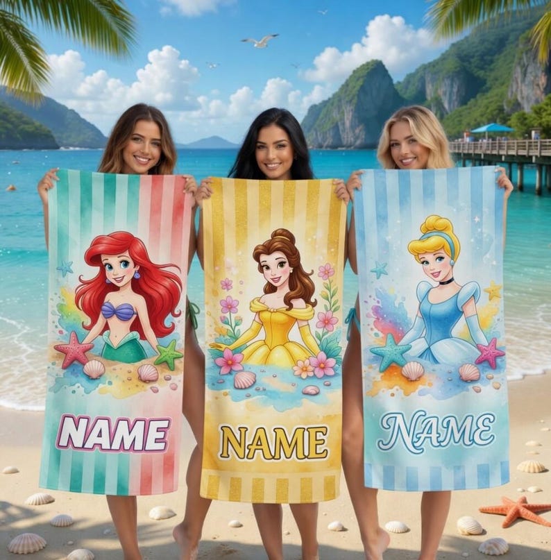 Toalla de playa de princesas de Disneyland con todos los personajes: Ariel, Bella y Blancanieves. Toalla de playa para niños para las vacaciones de verano de 2026. imagen 1