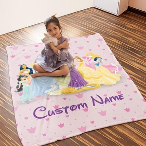 Personalized Disneyland Princess Blanket, Custom Princess Blanket Gift for Her, Cinderella Snow White Belle Jasmine Ariel Princess image 3