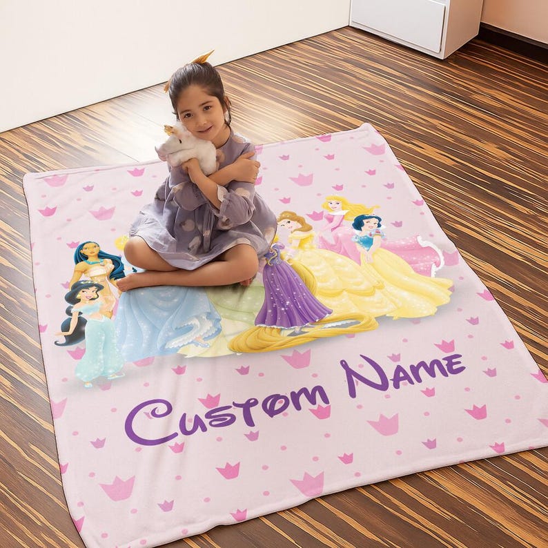 Personalized Disneyland Princess Blanket, Custom Princess Blanket Gift for Her, Cinderella Snow White Belle Jasmine Ariel Princess image 3