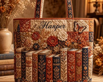 Personalized Book Lover Tote Bag, Quilted Floral Bookish Bag, Custom Name Library Tote, Gift for Librarian, Teacher Appreciation Gift
