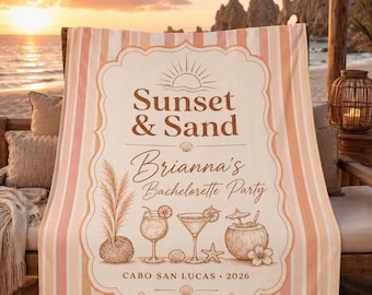 Personalized Sunset and Sand Beach Towel, Custom Bachelorette Party Gift, Boho Beach Trip Towel, Cabo San Lucas Bach Gift, Bride Tribe Decor