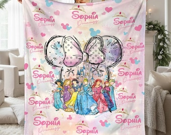 Disneyland Princesses Fleece Blanket, Personalized Name Custom Princess Kids Blanket Cute Fairy Tale Nursery Decor Birthday Girl
