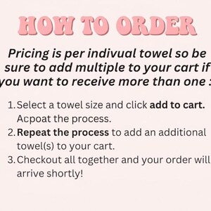 Może przedstawiać: Jasnor&oacute;żowa grafika z tekstem "HOW TO ORDER" w czcionce bąbelkowej. Poniższy tekst wyjaśnia, jak zam&oacute;wić ręczniki, w tym wyb&oacute;r rozmiaru, dodanie do koszyka i powt&oacute;rzenie procesu dla wielu ręcznik&oacute;w.