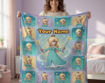 Rosalina Super Mario Fleece Blanket,  Custom Name Super Mario Blanket, Super Mario Birthday Gift Fleece Blanket