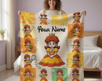 Princess Daisy Fleece Blanket, Custom Name Super Mario Blanket, Super Mario Birthday Gift Fleece Blanket