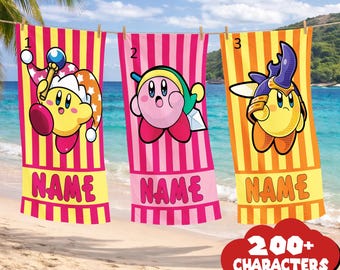 Personalized Kirby Beach Towels – Custom Name Personalized Cute Cartoon Towels, Colorful Summer Pool and Beach Gift