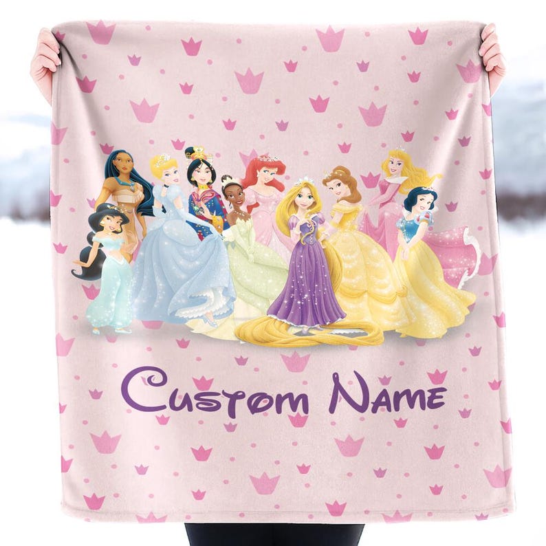 Personalized Disneyland Princess Blanket, Custom Princess Blanket Gift for Her, Cinderella Snow White Belle Jasmine Ariel Princess image 4