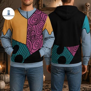 May include: A long-sleeve sweatshirt and a hooded sweatshirt featuring a patchwork design of yellow, pink with purple swirls, and teal with black stripes. The garments include black stitch detailing along the seams and light blue cuffs.