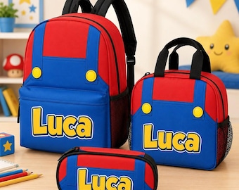 Custom Mario Backpack Set, Preschool Mario Theme, Personalized Lunch Bag & Pencil Case, School Gift for Boy