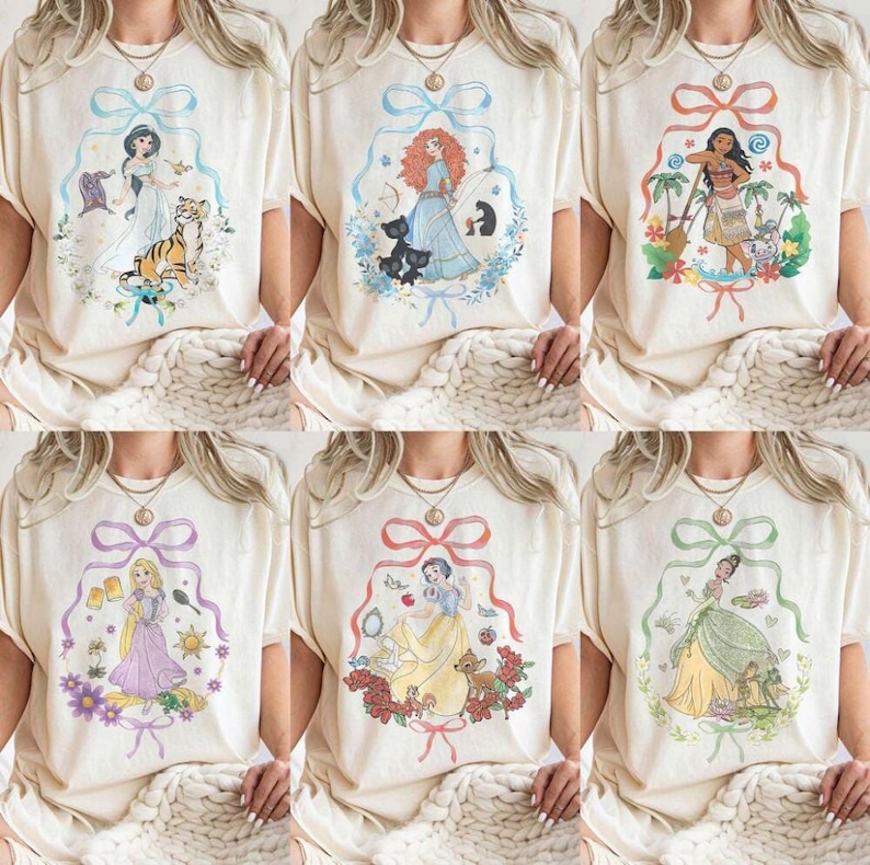Camiseta Coquette Bows Disneyland con todos los personajes de princesas, colores cómodos, camiseta de Tiana, Ariel, Elsa, Rapunzel, Bella y Jazmín, camiseta de princesas de Disneyland imagen 1