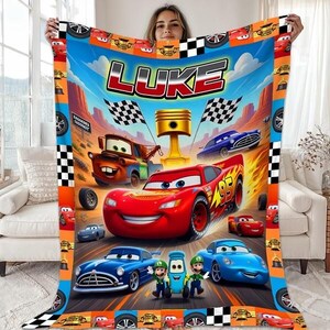 Personalized Cars Blanket, Custom Name Lightning Mcqueen Sally Tow Mater Cars Blanket, Custom Name Cars Characters Birthday Blanket Gifts Bild 1