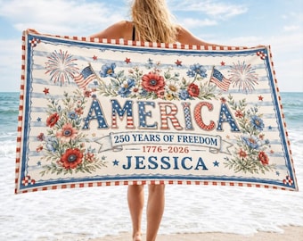 Toalla personalizada conmemorativa del 250 aniversario de Estados Unidos, toalla de playa personalizada con la bandera estadounidense para cumpleaños, regalo floral para vacaciones en la playa por el Día de la Independencia.