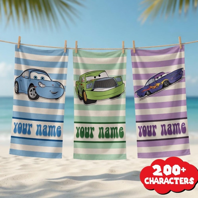 Personalized Disneyland Cars Movie Beach Towel, Sally Doc Hudson Towel, Cars Movie Lover Gift beach towel, Disneyland beach Towel image 1