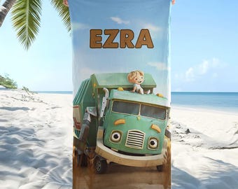 Trash Truck beach towel, Personalized name Beach Towel, Soft Bath Towel, summer vacation gift