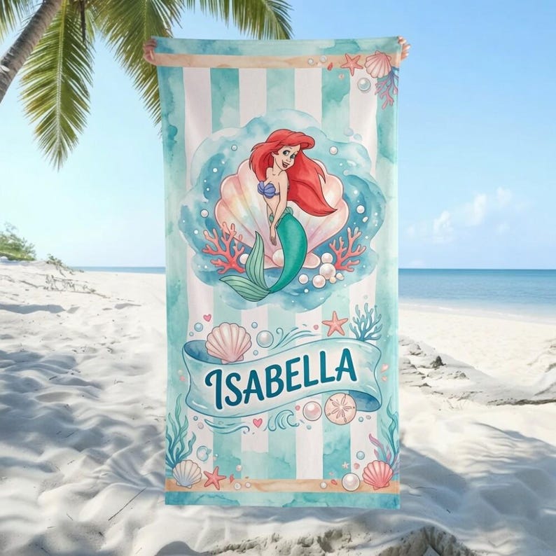 Custom Disneyland Ariel Beach Towel, Custom Disneyland Summer Beach Towel, Custom Disneyland, Kids towel, Summer Gift, Disneyland Trip image 1