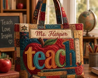 Sac fourre-tout personnalisé pour enseignant, cartable matelassé personnalisé, cadeau pour remercier un enseignant, cartable en patchwork de pommes