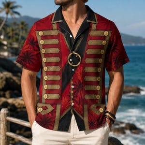 May include: A short-sleeved button-down shirt featuring a red and black tropical palm tree print. The design includes a printed military-style uniform pattern with gold-colored braided trim, horizontal bars, and circular buttons on the front.