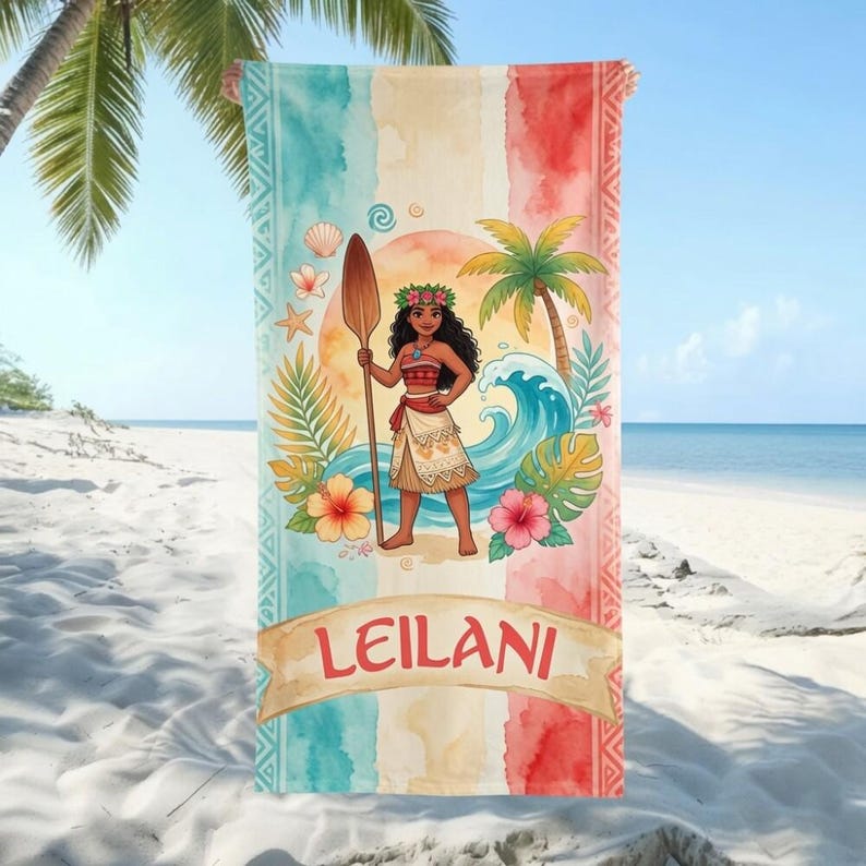 Custom Moana Beach Towel, Disneyland Princess Moana Maui Pua Hei Hei Birthday Towel Bath Pool Summer Beach Trip, Disneyland Girl Trip image 1