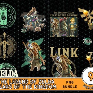 Könnte beinhalten: Eine Sammlung von neun PNG-Designs mit Charakteren und Logos aus dem Videospiel "The Legend of Zelda: Tears of the Kingdom". Die Designs umfassen Bilder von Link, Zelda und verschiedenen Spielsymbolen auf schwarzem Hintergrund.
