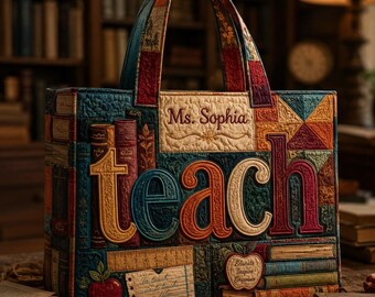 Sac fourre-tout personnalisé pour enseignant, cartable matelassé, cadeau nom personnalisé pour enseignant, cadeau de remerciement pour enseignant, sac à main en patchwork