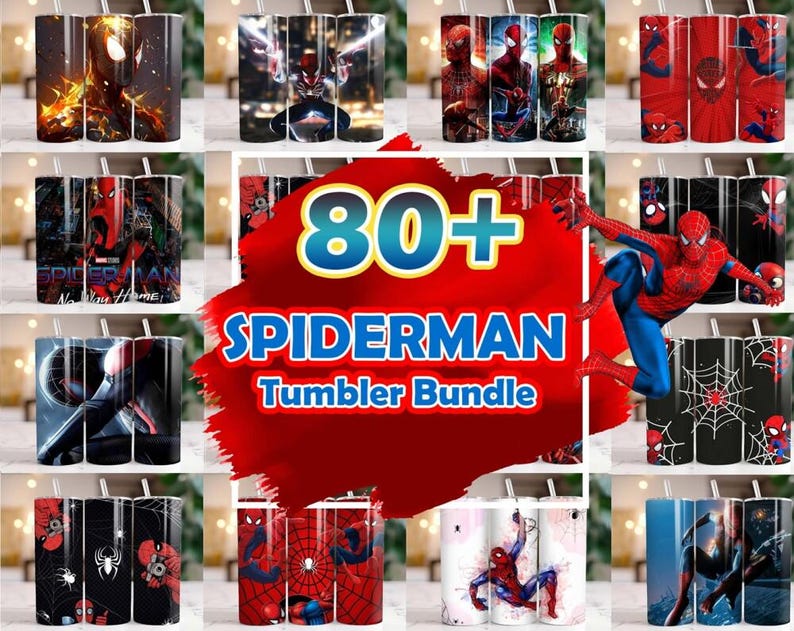 80 Spiderman Superhero Tumbler Wrap Png, Spider Man Tumbler Wrap Bundle, Superhero Tumbler Design image 1