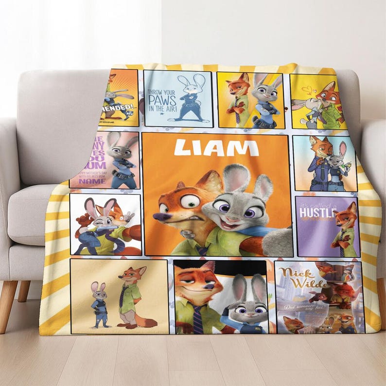 Personalized Disneyland Zootopia Blanket, Judy Hopps Nick Wilde Birthday Boy Girl Matching Fleece Blanket, WDW Disneyland Couple Gifts image 1