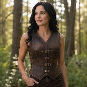 May include: A dark brown leather vest featuring a V-neckline, a sleeveless design, and four front buckle closures with metal hardware. The vest has a distressed finish and side lacing details, worn over dark brown pants with a matching leather belt.