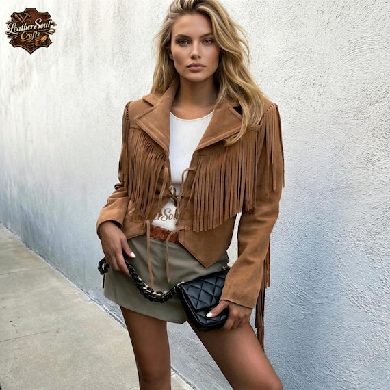 Women Suede Fringe Leather Jacket Western Cowgirl Boho Tassel Coat Vintage Style Handmade