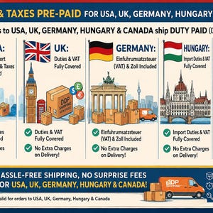 Op de afbeelding: Een informatieve afbeelding met de titel DUTIES & TAXES PRE-PAID FOR USA, UK, GERMANY, HUNGARY & CANADA! Het toont vijf secties met nationale vlaggen, bezienswaardigheden en kartonnen dozen, met de vermelding dat invoerrechten zijn gedekt.