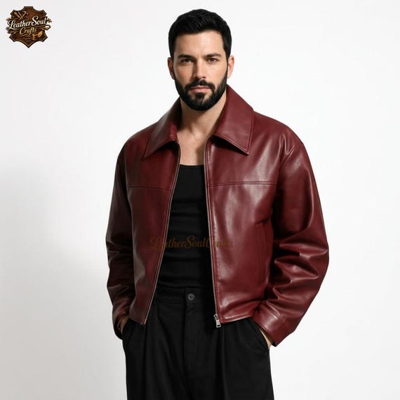 Men’s Burgundy Sheep Leather Jacket, Minimalist Classic Collar, Handmade Coat, Modern Fit, Stylish Outfit