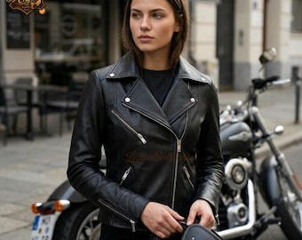 Women Black Sheep Leather Biker Jacket Slim Fit Moto Zip Motorcycle Coat, Handmade