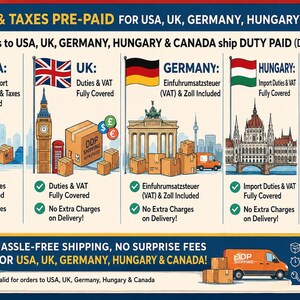 May include: An informational graphic titled DUTIES & TAXES PRE-PAID FOR USA, UK, GERMANY, HUNGARY & CANADA! It features five sections with national flags, landmarks, and cardboard boxes, detailing that import duties and taxes are fully covered.
