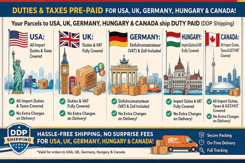 May include: An informational graphic titled DUTIES & TAXES PRE-PAID FOR USA, UK, GERMANY, HUNGARY & CANADA! It features five sections with national flags, landmarks, and cardboard boxes, detailing that import duties and taxes are fully covered.