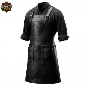 May include: A black leather apron featuring adjustable shoulder straps with metal buckles, a single chest pocket, and two large lower pockets. The apron is worn over a black long-sleeve shirt. The logo Leather Soul Crafts is visible in the top left corner.
