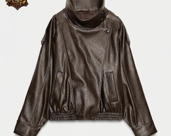 Women Oversized Sheep Leather Jacket – Handmade Brown Outerwear, Relaxed Fit Street Style