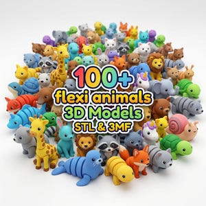 Op de afbeelding: Een verzameling kleurrijke 3D-geprinte flexi-dieren, waaronder giraffen, leeuwen, wasberen en meer. De afbeelding toont een verscheidenheid aan dierenfiguren in verschillende kleuren, met de tekst "100+ flexi animals 3D Models STL & 3MF".