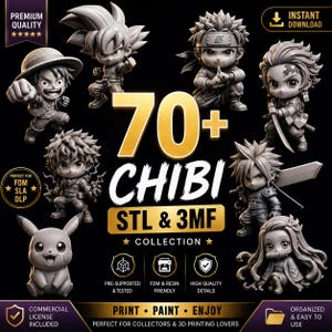 May include: A collection of 70+ Chibi STL & 3MF figures, perfect for 3D printing. The image features various anime-style characters in a grayscale color scheme. Text includes "Print, Paint, Enjoy" and "Commercial License Included."