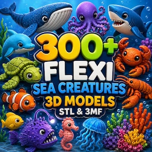 Op de afbeelding: Een digitale collectie van 300+ Flexi Sea Creatures 3D-modellen in STL- en 3MF-formaten, met illustraties in cartoonstijl van een blauwe vinvis, paarse octopus, haai, dolfijn, groene schildpad, oranje krab, kreeft, anemoonvis en kwal.