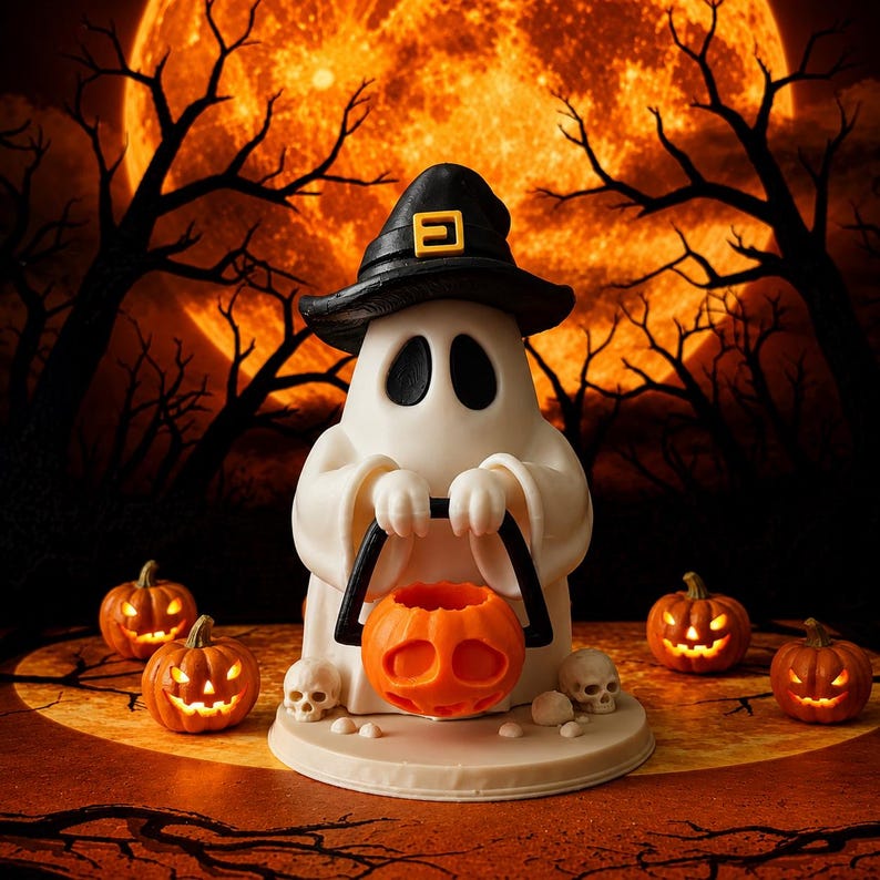 May include: A white ghost figurine wearing a black witch hat with a yellow buckle, holding a small orange jack-o'-lantern bucket. The ghost stands on a circular base decorated with two small white skulls, positioned against a dark Halloween backdrop.