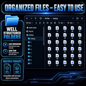 Pu&ograve; includere: Schermata di computer con file organizzati e il testo "ORGANIZED FILES - EASY TO USE". L'interfaccia evidenzia "WELL STRUCTURED FOLDERS" e "MULTIPLE FORMATS" (STL, 3MF). Lo schermo mostra un catalogo con file numerati.