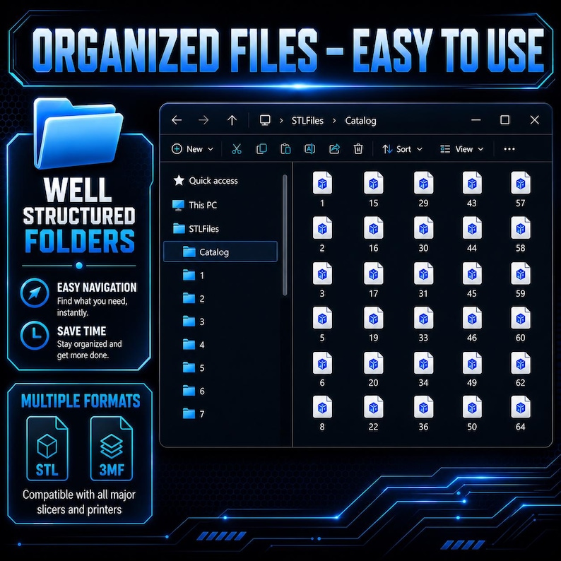 Pu&ograve; includere: Schermata di computer con file organizzati e il testo "ORGANIZED FILES - EASY TO USE". L'interfaccia evidenzia "WELL STRUCTURED FOLDERS" e "MULTIPLE FORMATS" (STL, 3MF). Lo schermo mostra un catalogo con file numerati.