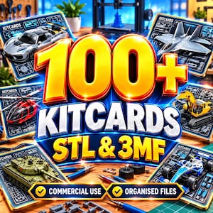 Peut inclure: Une collection numérique de plus de 100 kitcards comprenant des fichiers STL et 3MF pour l'impression 3D. L'image présente divers modèles tels qu'une voiture de sport argentée, un avion de chasse, un hélicoptère rouge, une pelleteuse jaune, un char et une voiture de course.