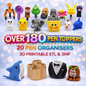 Puede incluir: Una colección de coloridos adornos para bolígrafos y organizadores. La imagen presenta varios diseños de personajes, incluyendo un fantasma, un pollito amarillo, un elefante y Bob Esponja. El texto en la imagen dice "OVER 180 PEN TOPPERS" y "20 PEN ORGANISERS".