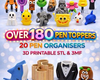 Bundel met meer dan 180 penversieringen in STL-formaat | 20 pennenorganizers | 3D-printbestanden voor potloodversieringen | Leuke penversieringen | STL- en 3MF-bestanden | Direct downloaden