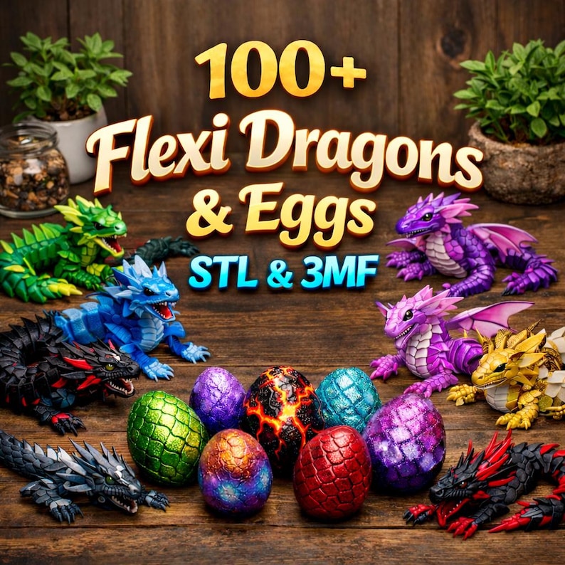 May include: A collection of articulated dragon figurines and textured eggs in various colors including green, blue, purple, gold, and black with red accents. The text 100+ Flexi Dragons & Eggs STL & 3MF is displayed in the center of the image.