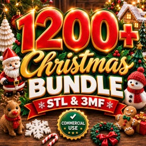 Pode incluir: Um gráfico digital com o texto 1200+ Christmas BUNDLE STL & 3MF e um selo de uso comercial. O design inclui um Papai Noel 3D, uma rena, um boneco de neve, um boneco de gengibre, uma guirlanda, flocos de neve e uma bengala doce.