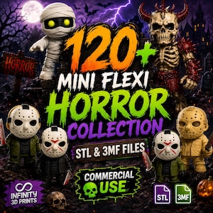 Op de afbeelding: Een digitale collectie van 120+ mini flexi horrorfiguren met een mummie, een skelet met hoorns en diverse gemaskerde personages met wapens. De afbeelding bevat de tekst 120+ MINI FLEXI HORROR COLLECTION, STL & 3MF FILES en COMMERCIAL USE.