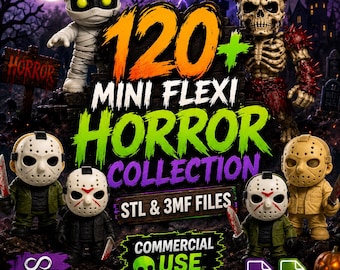 120+ Mini Flexi Horror Collection STL & 3MF Bundle | Commercial Use | Halloween Monsters, Skeletons, Zombies and Creepy Figures